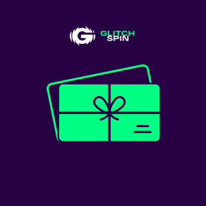 GlitchSpin-logotyp med presentkort och rosettikon på lila bakgrund.