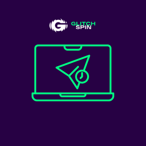 GlitchSpin-logotyp med laptop och e-postklocka på lila bakgrund.