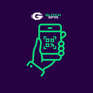 GlitchSpin-logotyp med hand som håller en telefon och QR-kod på lila bakgrund.