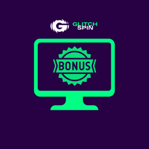 GlitchSpin-logotyp med monitor och bonusikon på lila bakgrund.