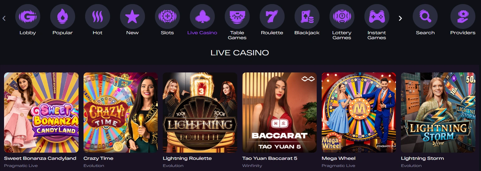 Kategorier och utvalda live-spel i GlitchSpins lobby