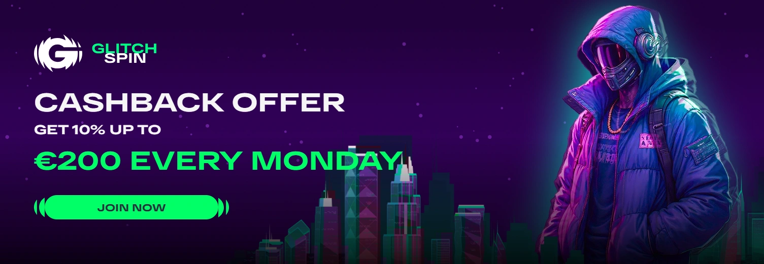 Banner för det veckovisa cashback-erbjudandet på GlitchSpin Casino.
