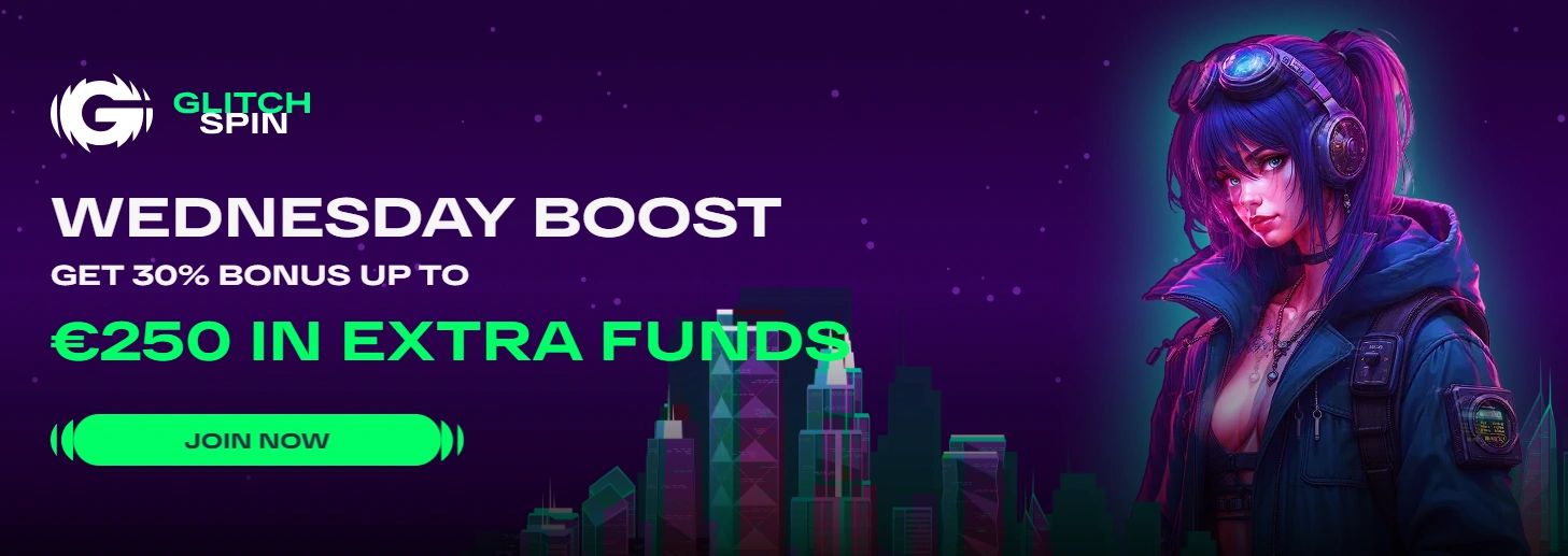 Banner för onsdagens återinsättningsbonus på GlitchSpin Casino.