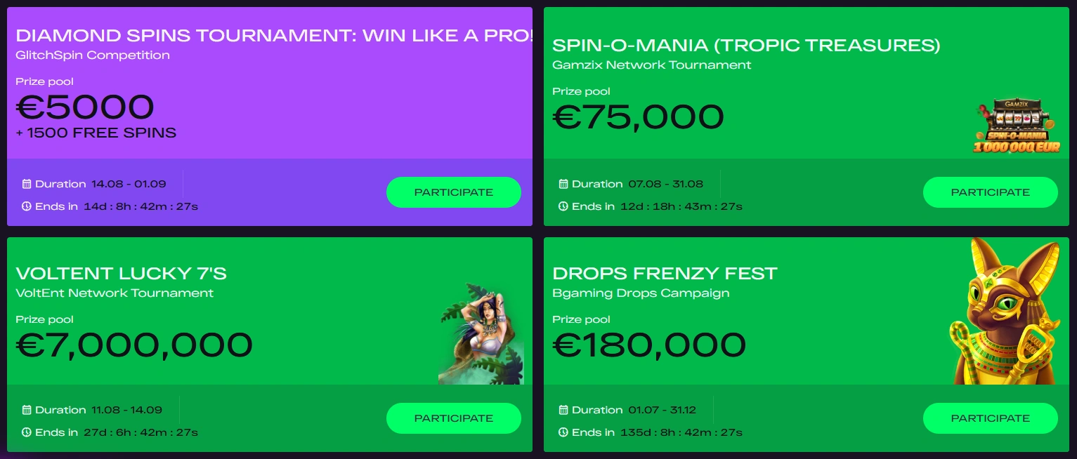 GlitchSpin Casinos turneringssida som visar aktuella evenemang.