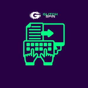 En hand som skriver på ett tangentbord under GlitchSpin-logotypen.