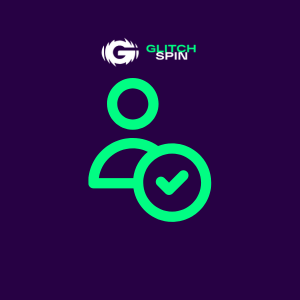 GlitchSpin-logotyp med person och bockikon på lila bakgrund.