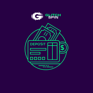 GlitchSpin-logotyp med plånbok och insättningstextikon på lila bakgrund.